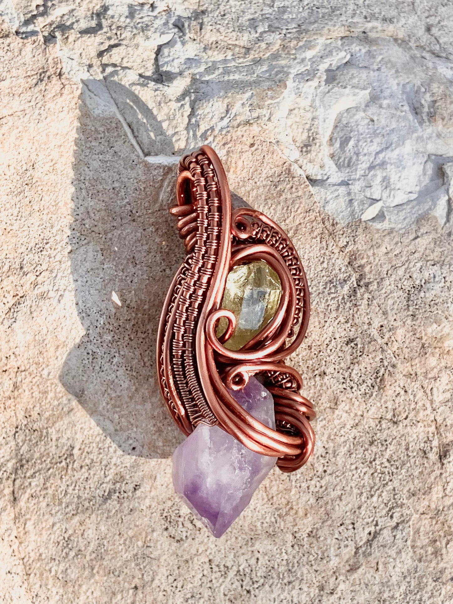 Amethyst / Heliodor ~ Wire Wrap Pendant