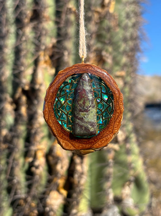 Pinecone Pendant ~ Dragon Bloodstone w/ Gold Inlay and Green Glitter